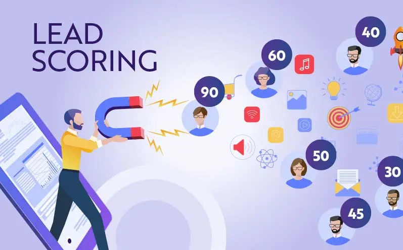 Imagem de um empresário segurando um imã e atraindo leads que estão pontuados com lead scoring para aumentar as vendas da sua empresa.
