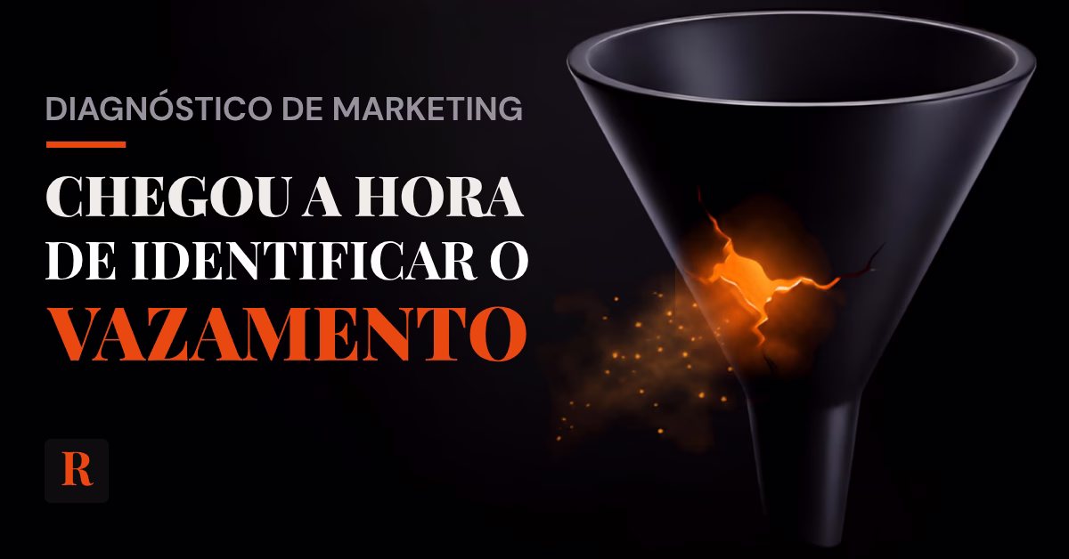 Funil de marketing rachado vazando dados, simbolizando onde o diagnóstico de marketing identifica perda de receita